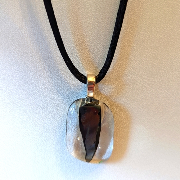 Artisan Handmade Fused glass pendant necklace on black fabric chain - Picture 2 of 2